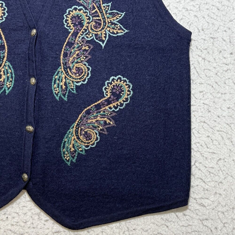 Vintage Koret Women's Large Pure Wool Cardigan Sweater Vest Embroidery V-Neck - Picture 5 of 10